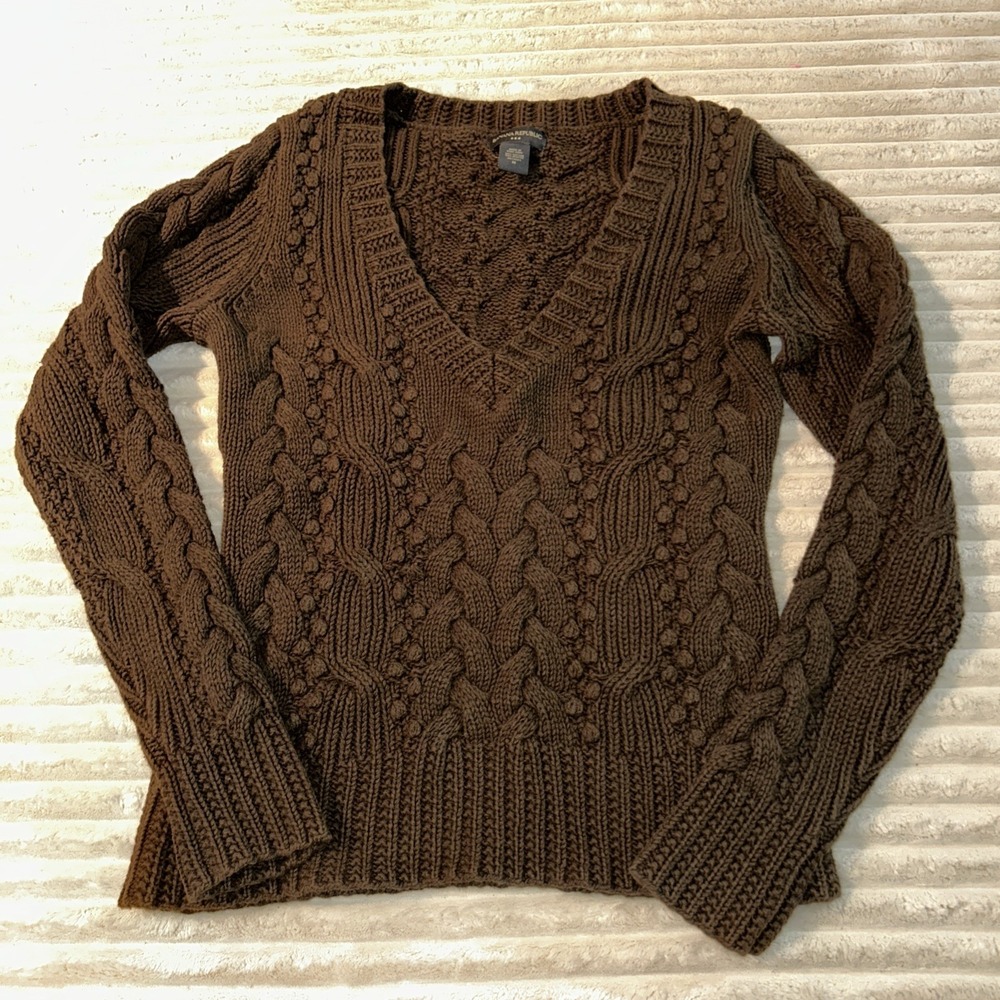Y2K‎ Banana Republic Chunky Cable Knit Brown V Neck Women's Sweater 3D Medium